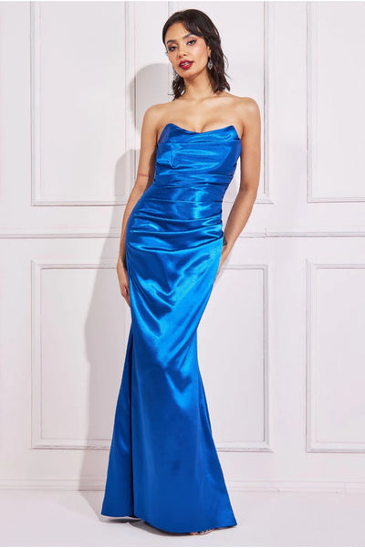 Goddiva Satin Bandeau Maxi Dress - Royal Blue
