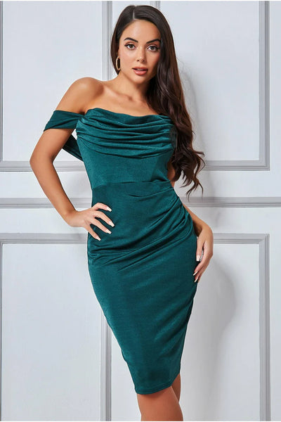 Goddiva Cowl Neck Off The Shoulder Midi Dress - Emerald