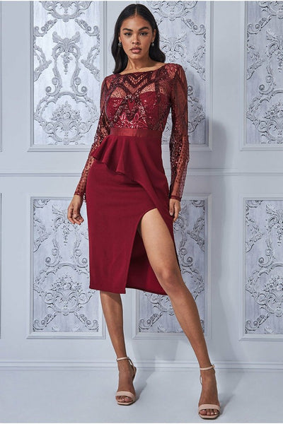 Dark Red Sequin Midi Dress