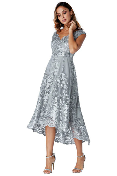 Goddiva embroidered lace midi with asymmetrical hem - grey