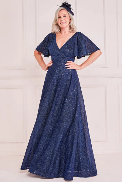 Goddiva Lurex Sequin Flutter Sleeve Maxi - Navy