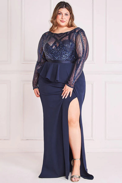 Goddiva Plus Sequin Bodice With Front Frill Maxi - Navy