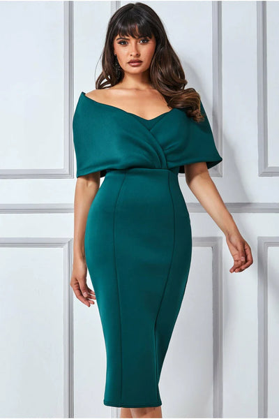 Goddiva off the shoulder scuba foam midi dress - emerald