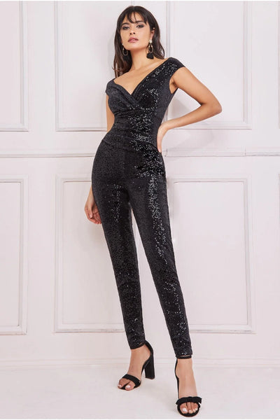 Goddiva Sequin Velvet Bardot Jumpsuit - Black