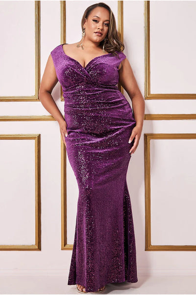 Goddiva Plus Sequin & Velvet Bardot Maxi Dress - Purple