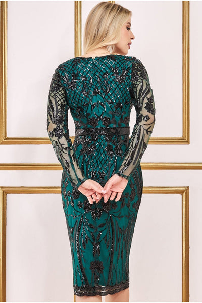 Goddiva Full Sleeve Sequin Midi Dress - Emerald