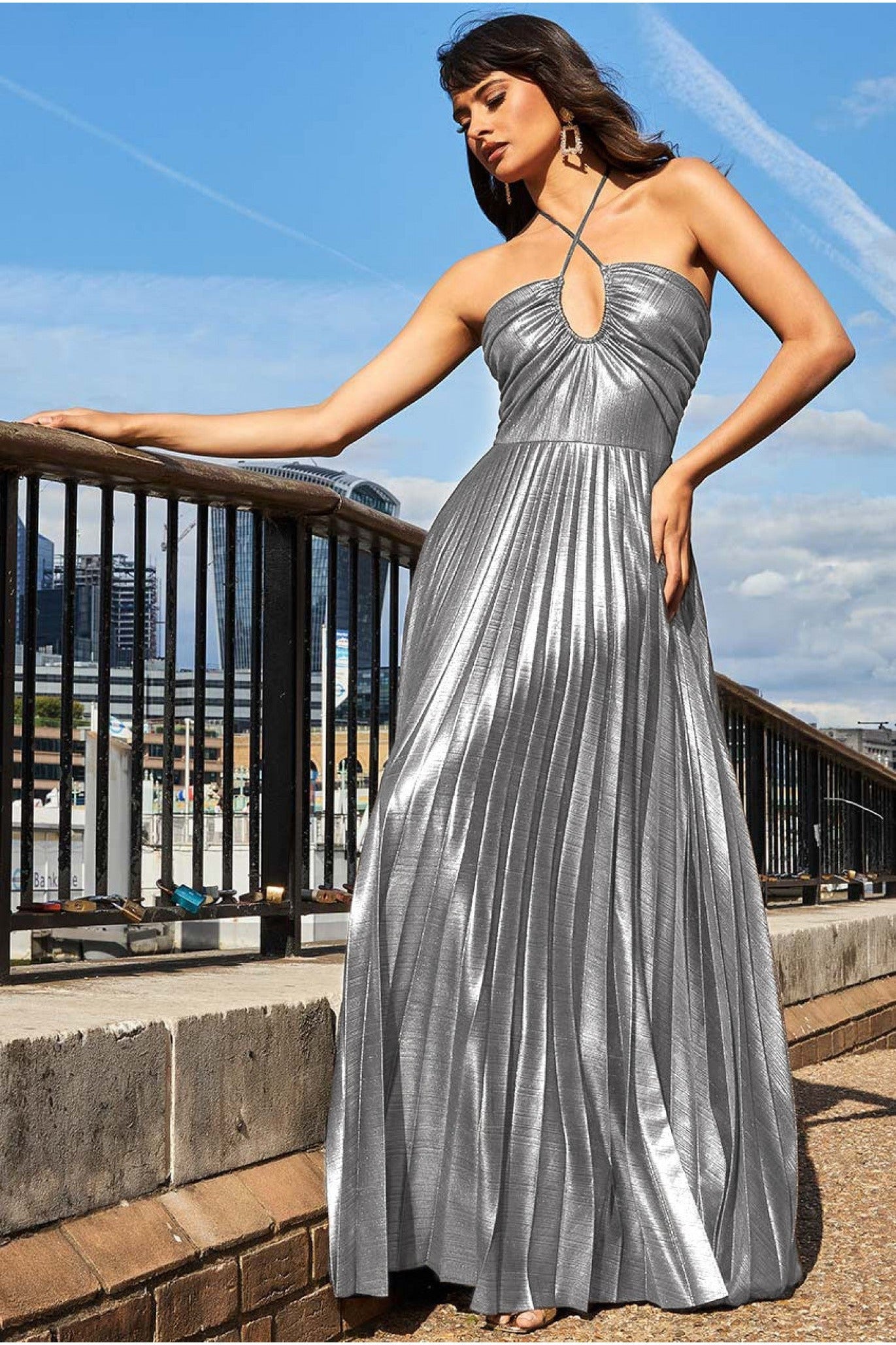 Image of Goddiva Pleated Foil Tie Back Maxi Dress - Silver