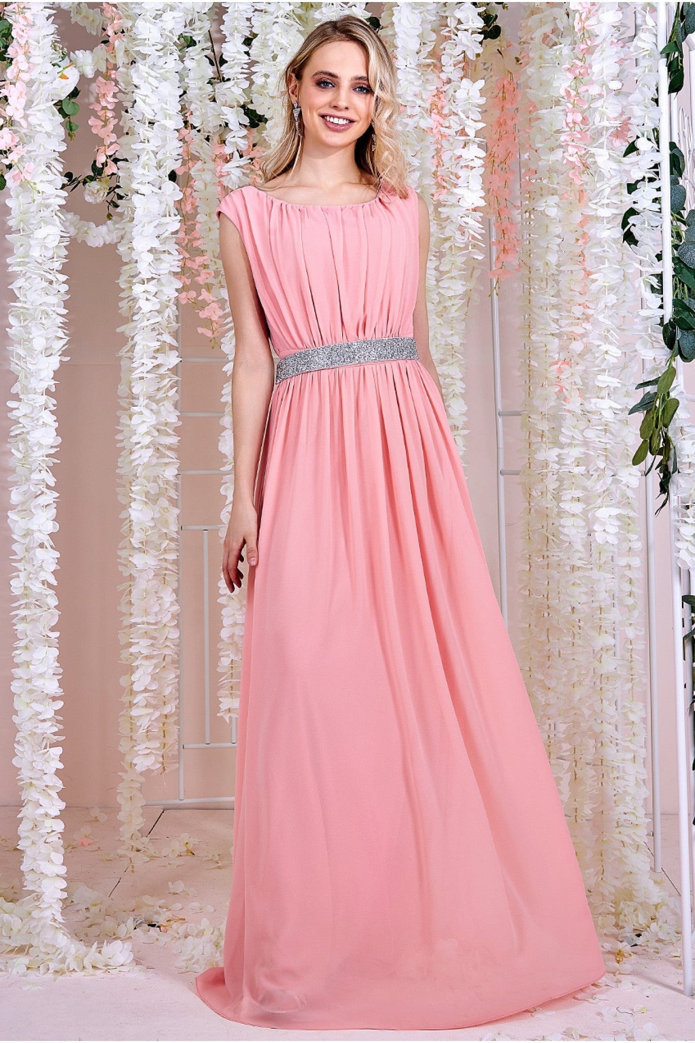 Goddiva Chiffon Maxi With Embellished Belt - Peach