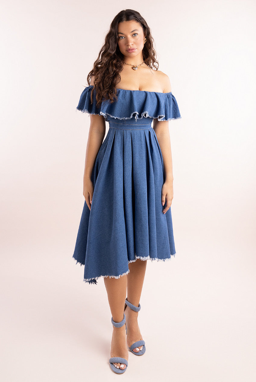 Image of Goddiva Denim Frilled Bardot High Low Dress - Blue Denim