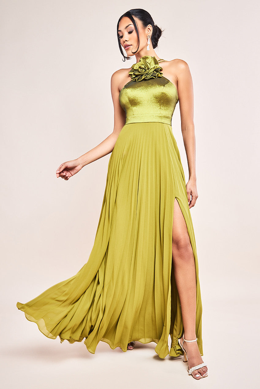 Goddiva Pleated Chiffon Corsage Halter Strappy Maxi Dress - Olive