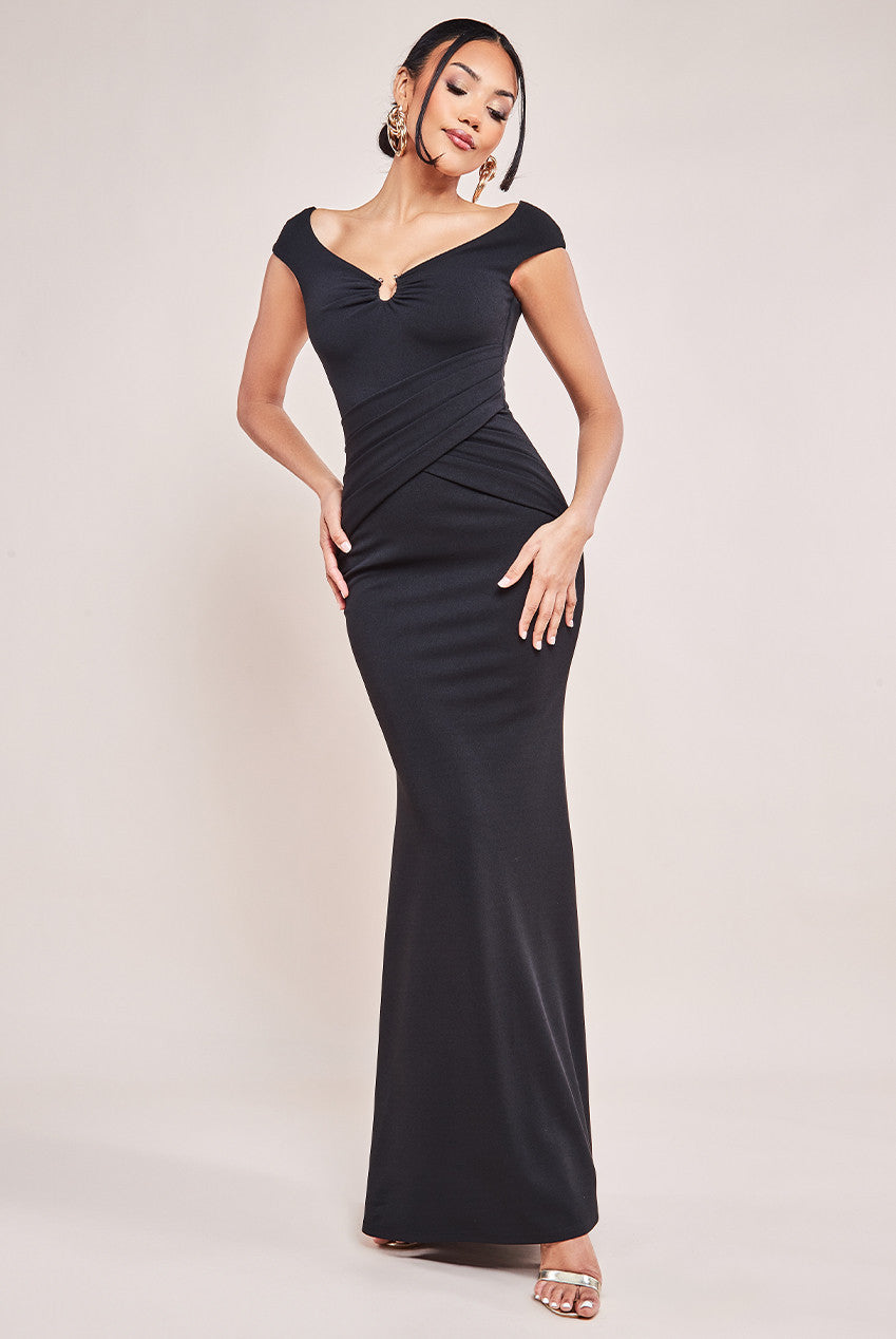 Goddiva Bardot Pleated Maxi With Metal Trim Maxi Dress - Black