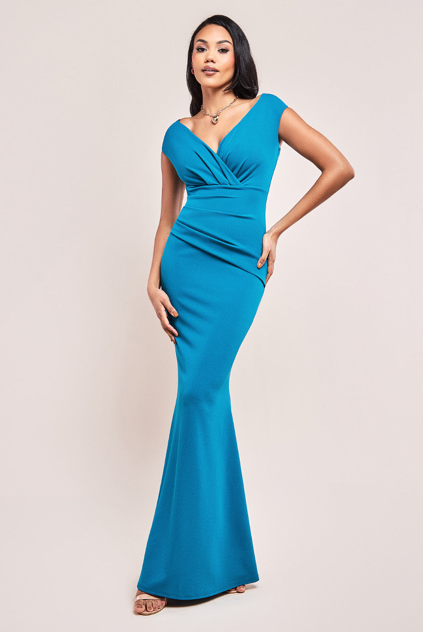 Goddiva Bardot Pleated Maxi Dress - Teal Blue