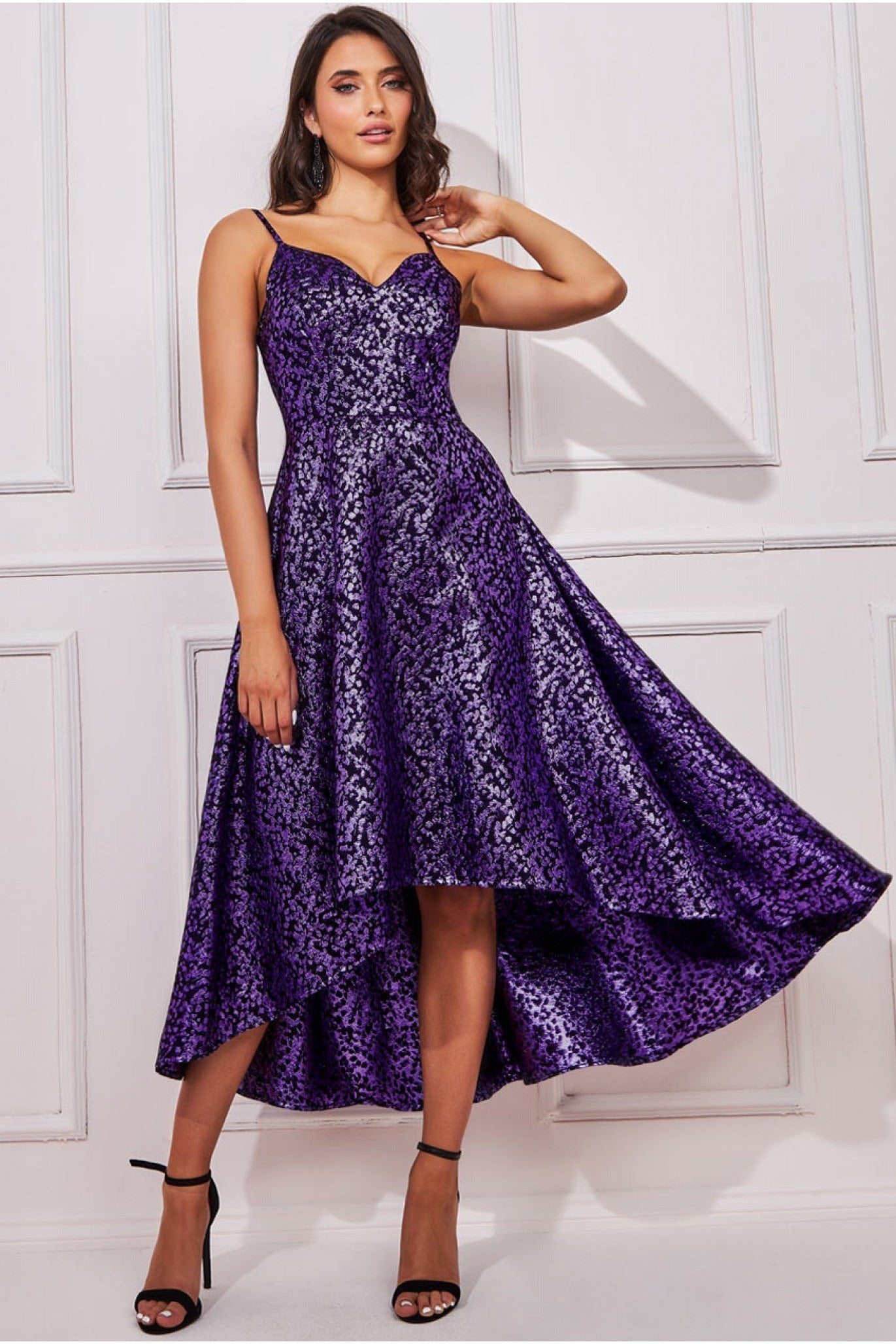 Goddiva Foil Jacquard Sleeveless High Low Midi - Purple