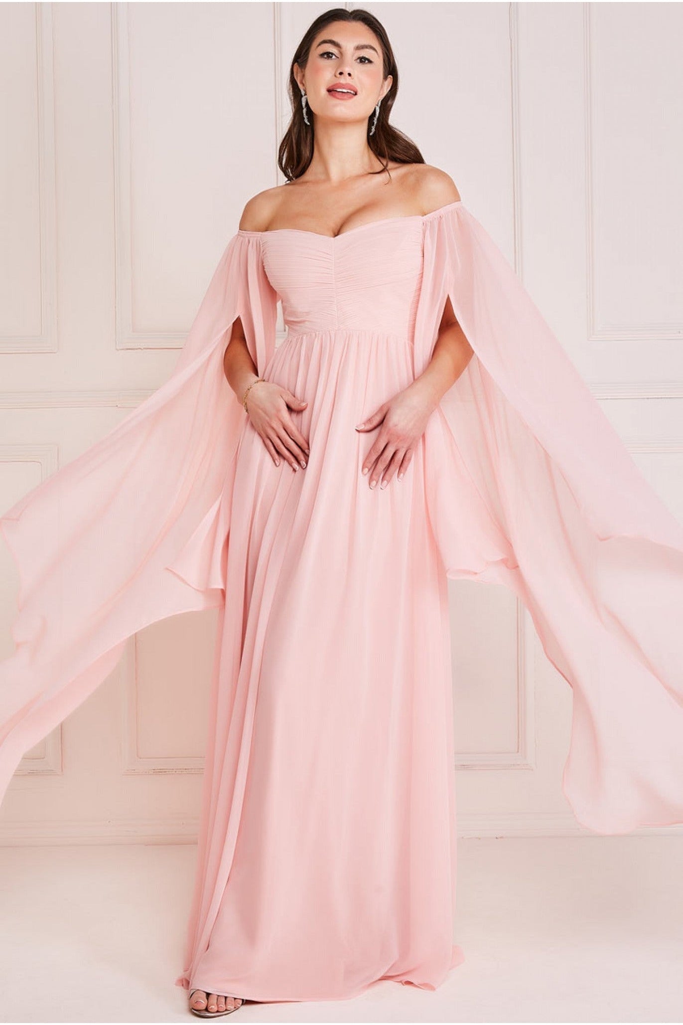 Goddiva Chiffon Off The Shoulder Maxi With Wings - Blush