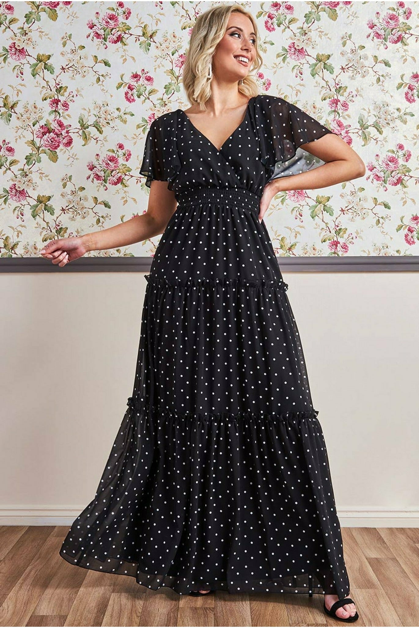 Image of Goddiva Polka Dot Tiered Chiffon Maxi Dress - Black