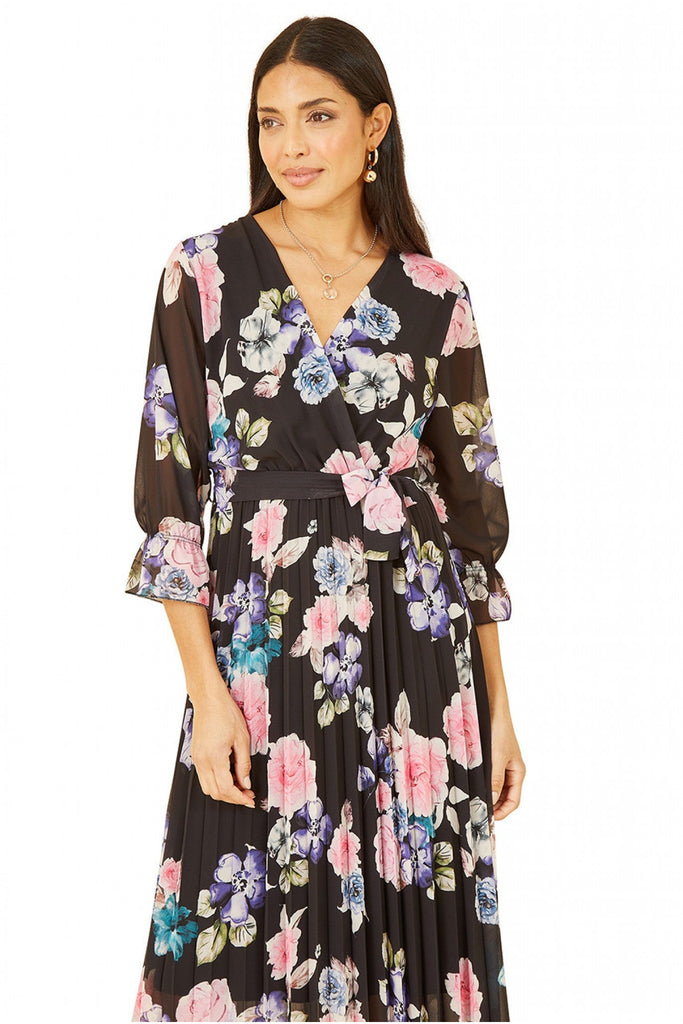 Yumi Black Floral Pleated Wrap Midi Dress – Goddiva