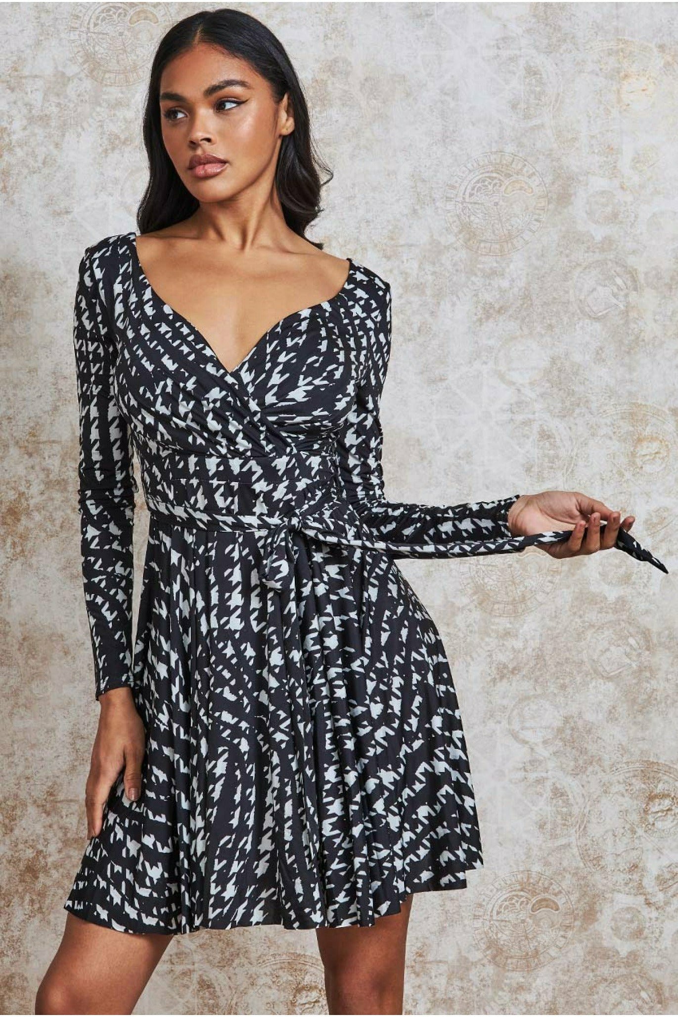 Goddiva Wrap Style Midi Dress - Monoprint