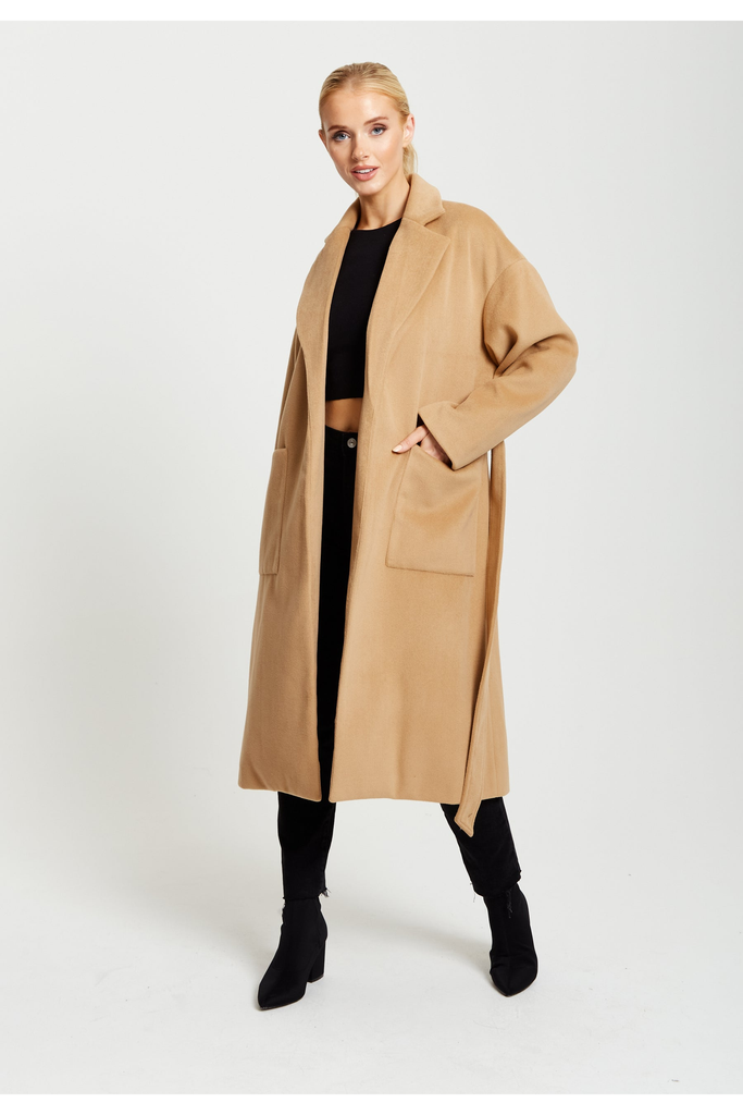 Liquorish Belted Longline Coat in Camel – Goddiva