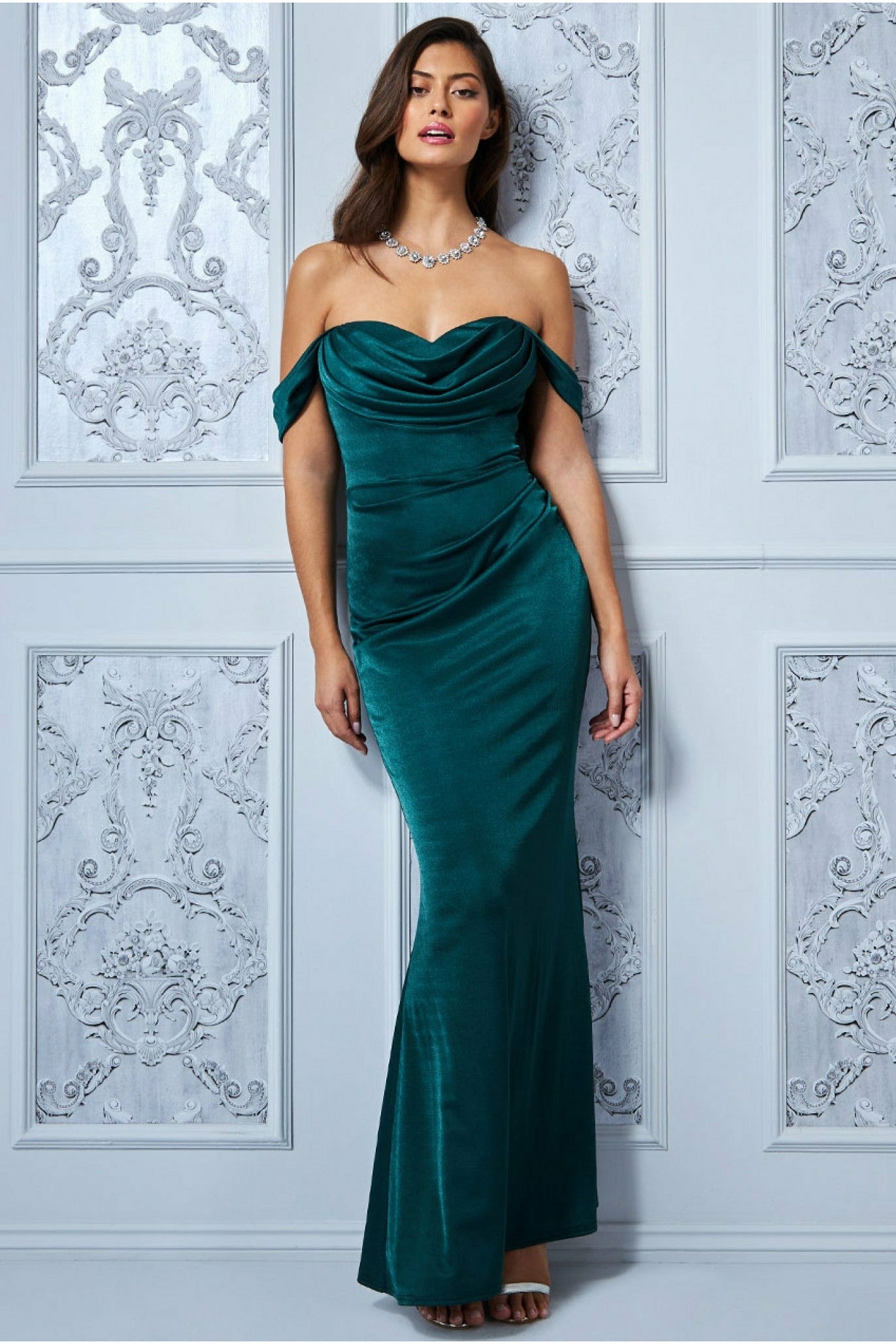 Image of Goddiva Cowl Neck Off The Shoulder Maxi Dress - Emerald