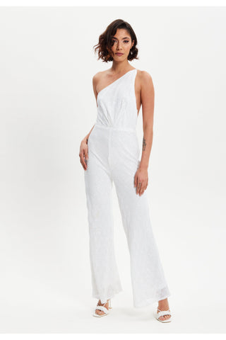 White Sequin Jersey One Shoulder Jumpsuit H5-DML017