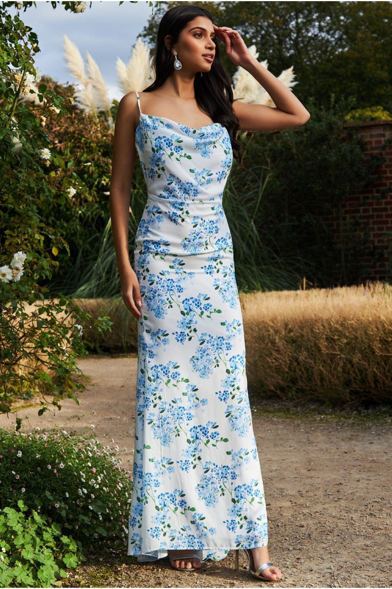 Goddiva Floral Cowl Neck Maxi Dress - Blue Print