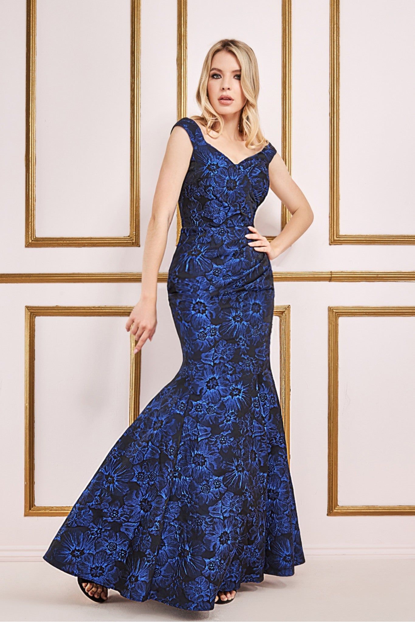 Goddiva Bardot Jacquard Maxi Dress - Royal Blue