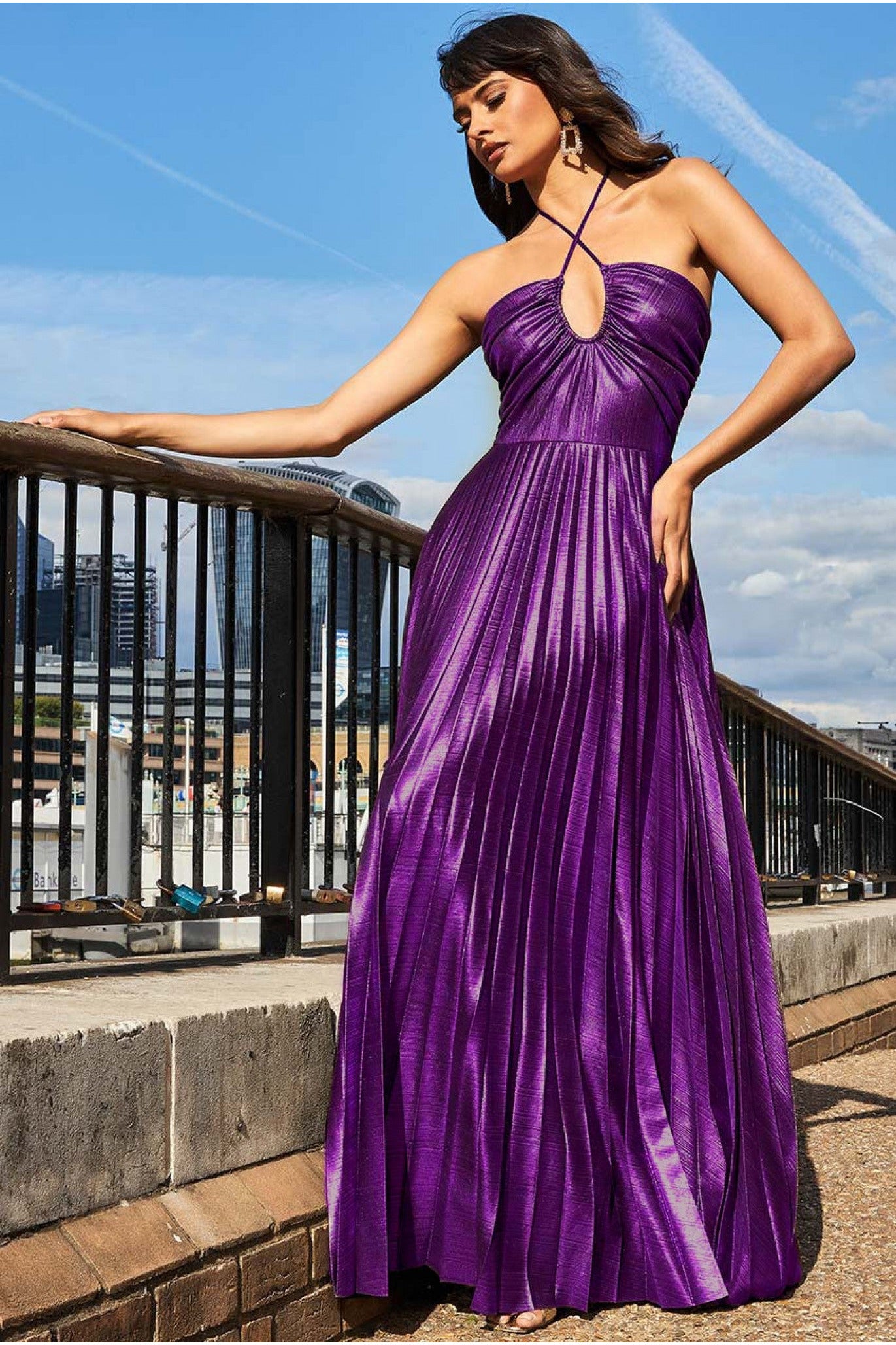 Image of Goddiva Pleated Foil Tie Back Maxi Dress - Purple