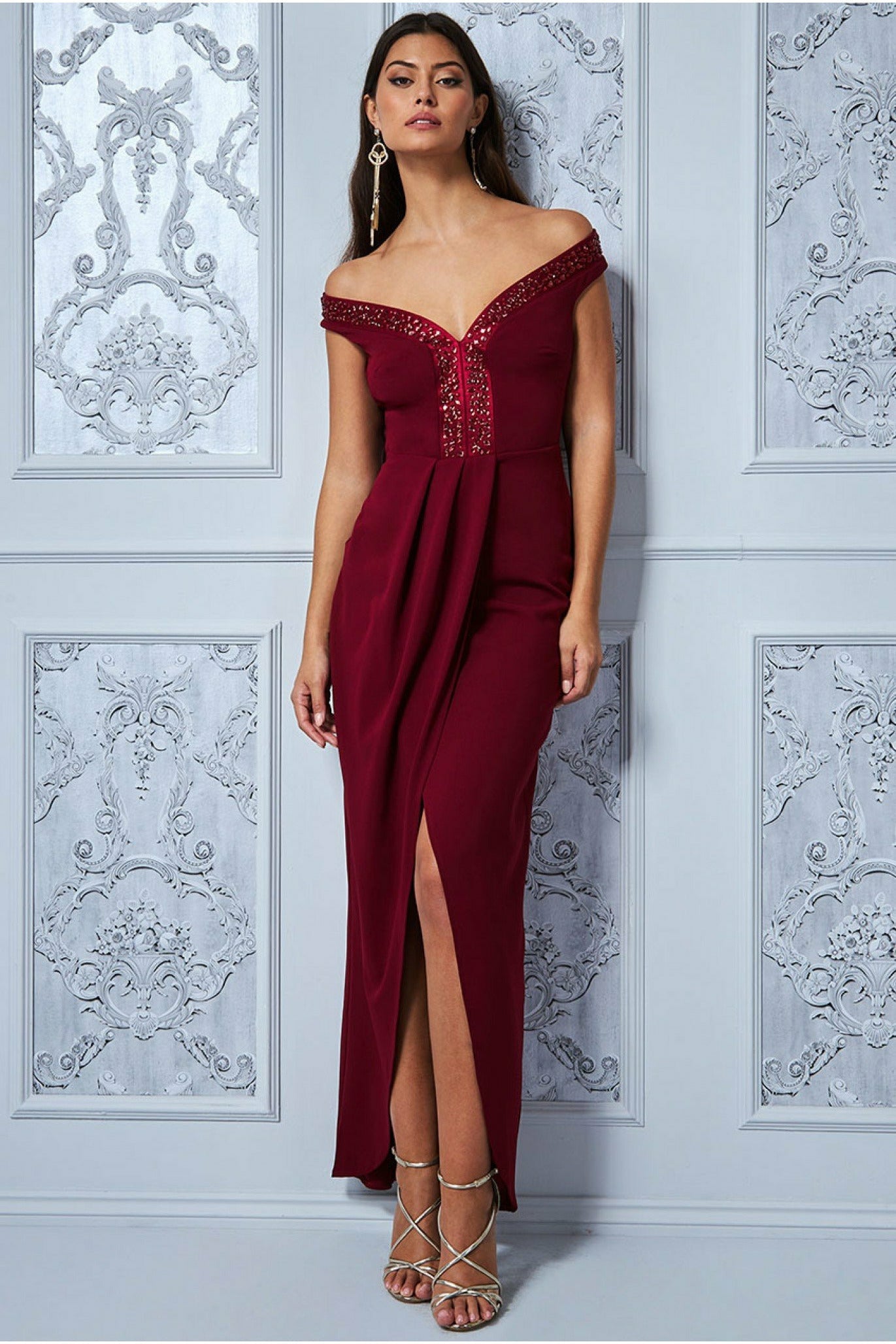 Goddiva Off The Shoulder Tulip Maxi Dress - Wine