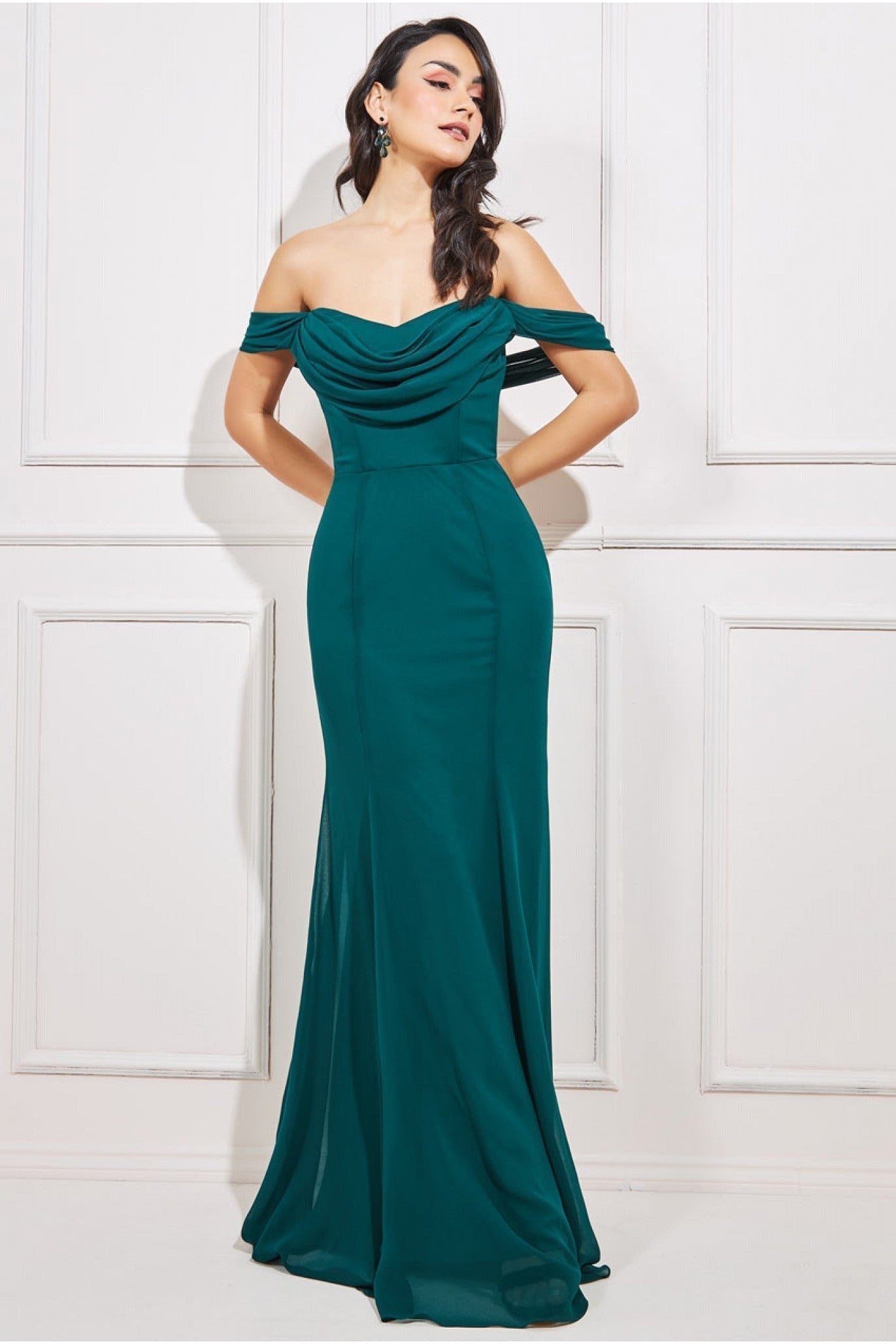 Emerald Green Bardot Pleated Maxi Dress, Goddiva