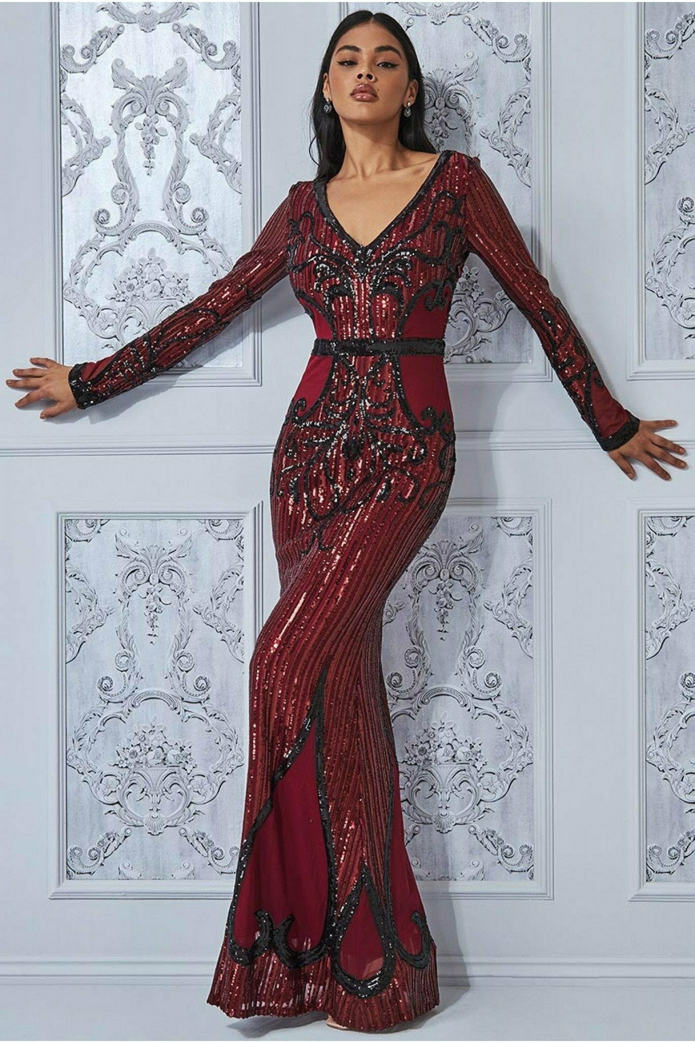 Goddiva Sequin & Mesh Embroidered Maxi - Wine