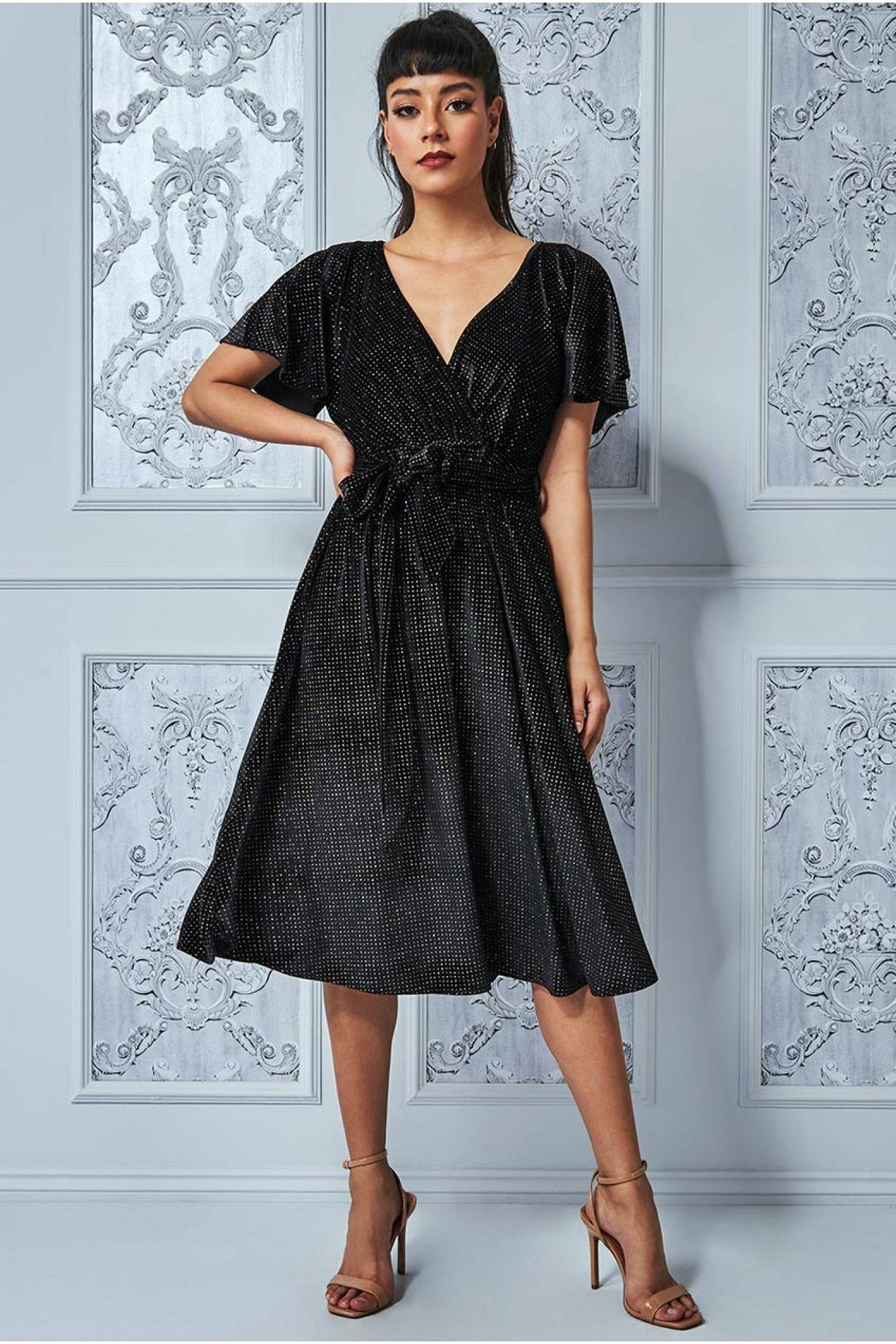 Goddiva Sparkle Wrap Style Flutter Sleeve Midi Dress - Black