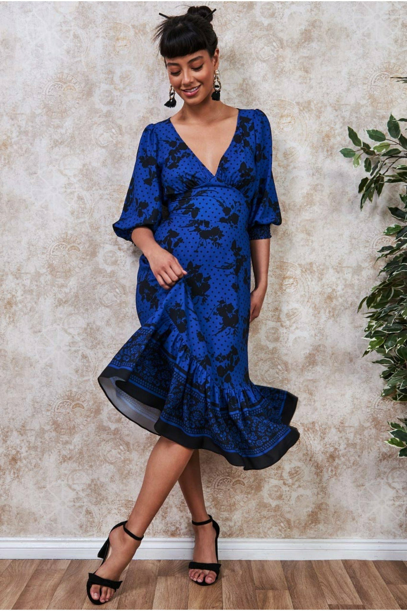 Goddiva Floral Print Puff Sleeve Midi Dress - Royalblue