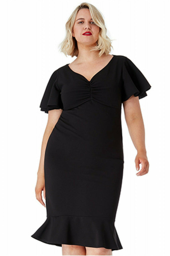 Plus Size Frill Sleeve Midi Dress - Black Goddiva