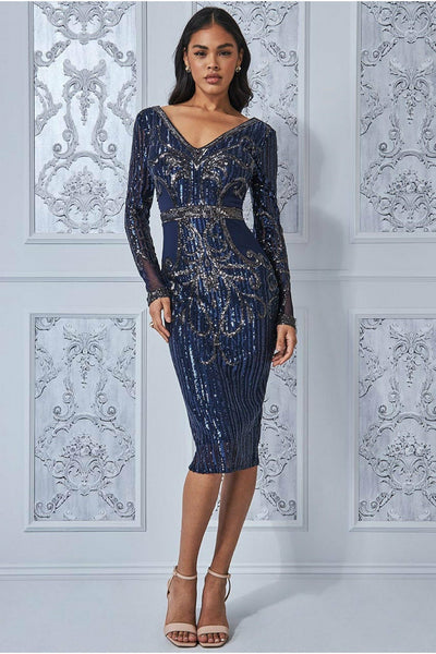 Sequin & Mesh Embroidered Midi - Navy Goddiva