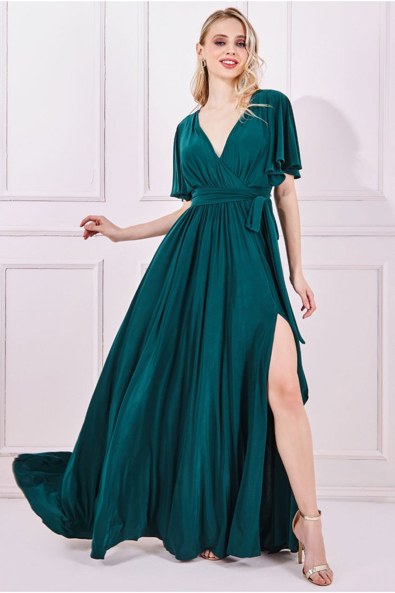 Goddiva Wrap Front Maxi With Flutter Sleeves - Emerald Green