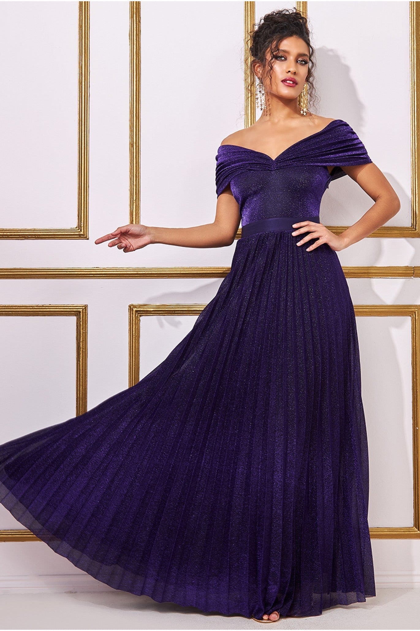 Goddiva Bardot Pleated Skirt Maxi - Purple