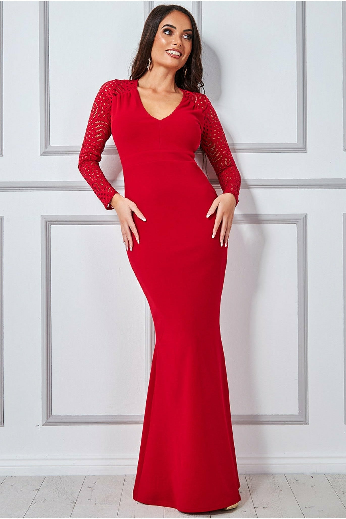 Goddiva Lace Back Full Sleeve Maxi Dress - Red