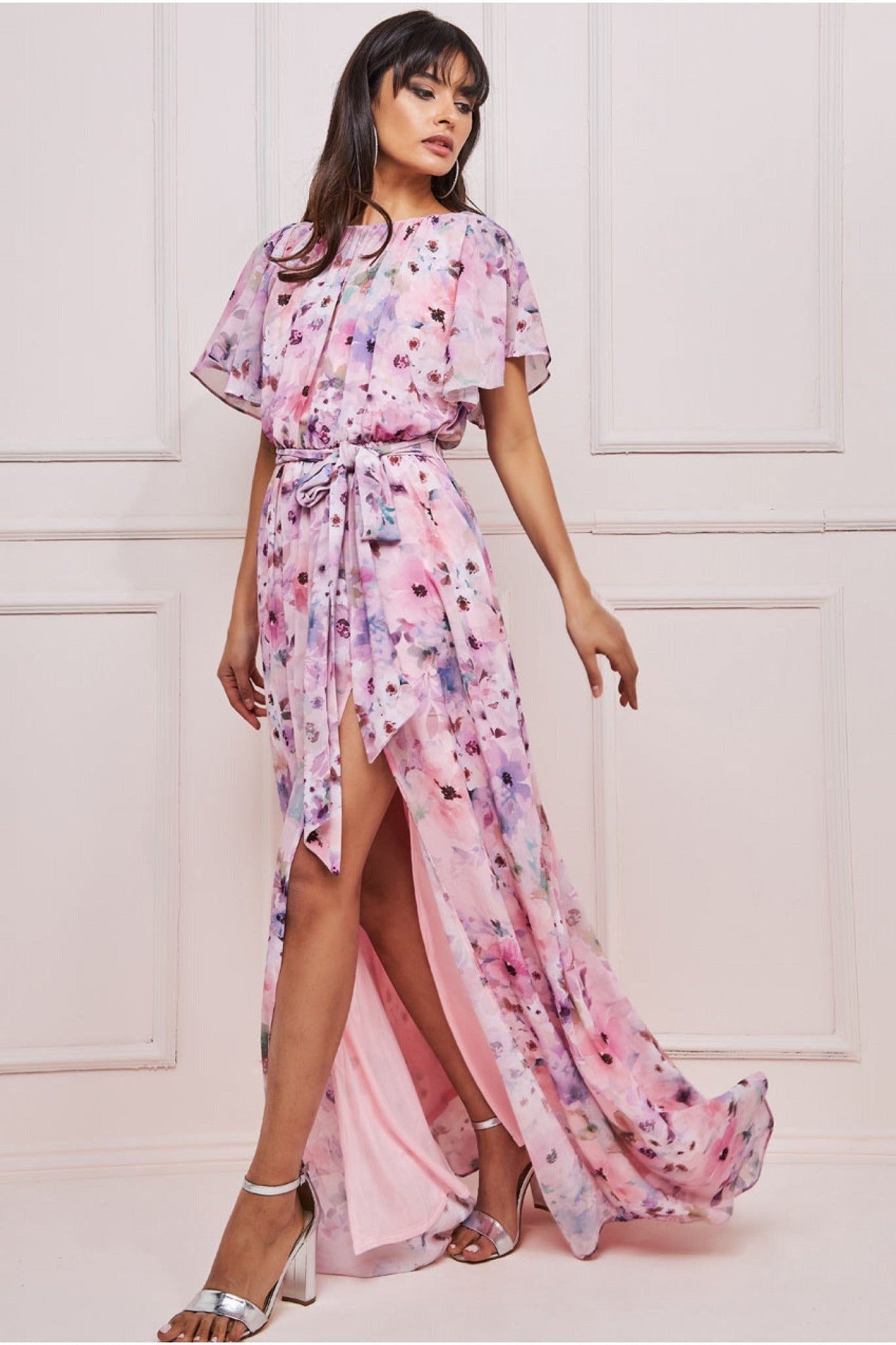 Goddiva Wrap Back Flutter Sleeve Maxi Dress - Pink