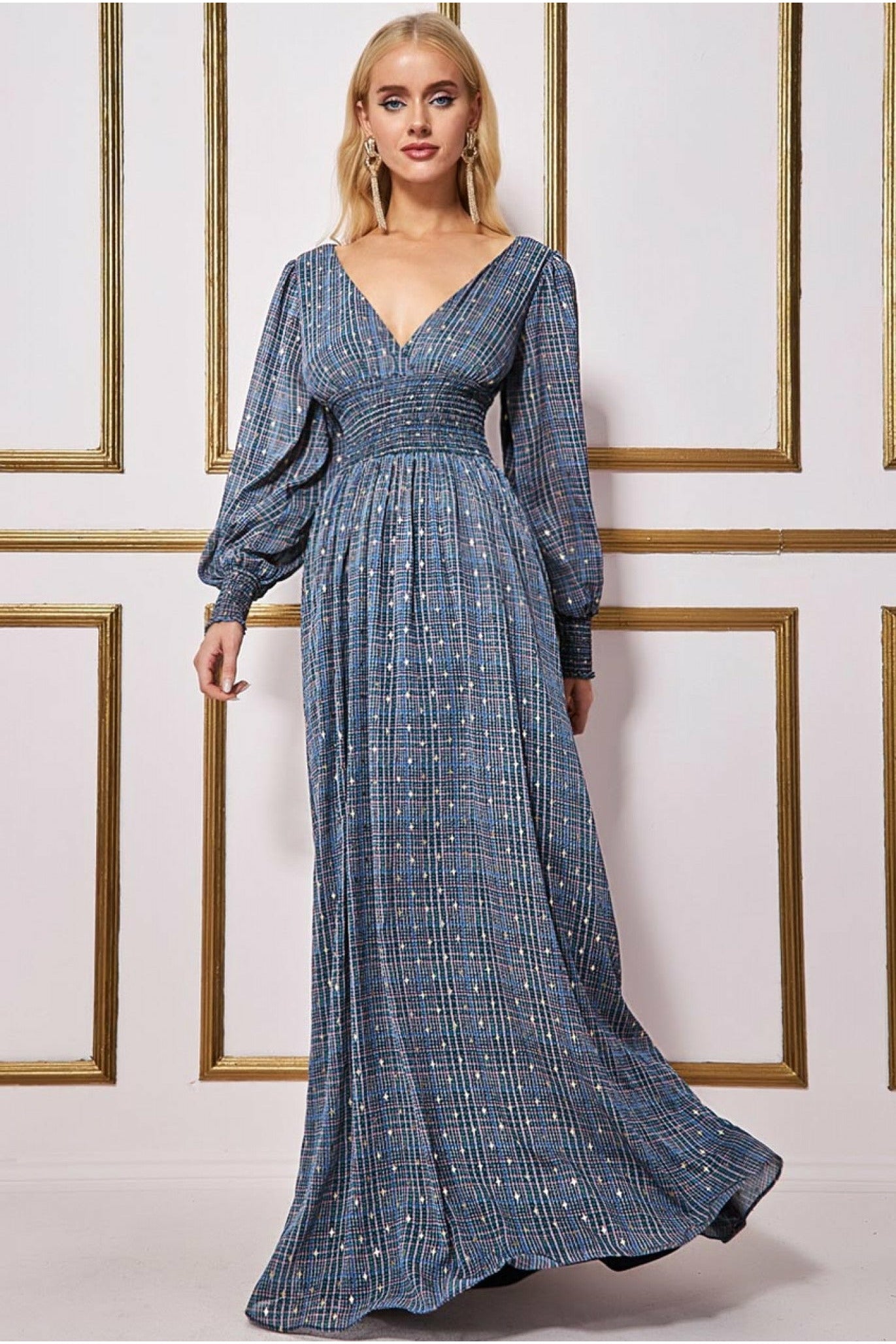 Goddiva Long Sleeve Maxi Shirred Waistband - Check Print