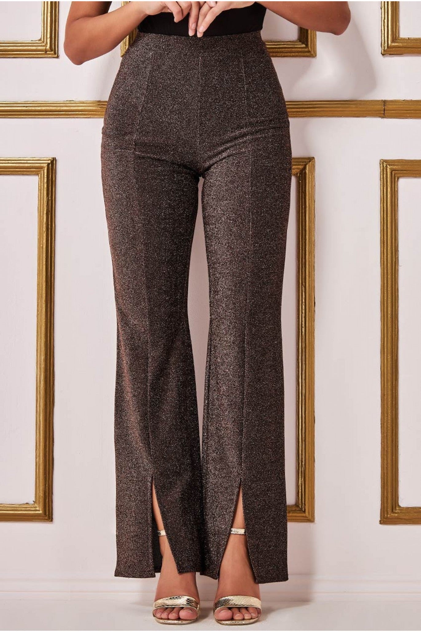 Image of Goddiva Wide Leg Lurex Trouser - Bronze