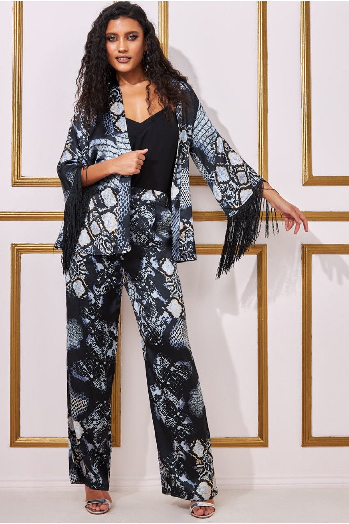 Image of Goddiva Foil Print Wide Leg Trousers - Black