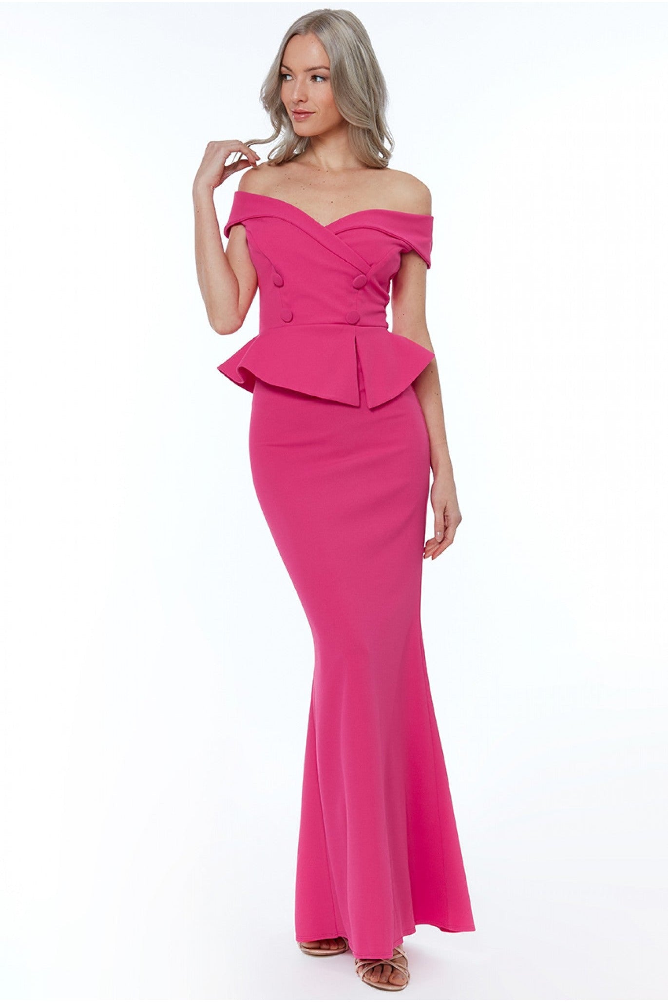 Goddiva Bardot Crossover Maxi Dress - Cerise