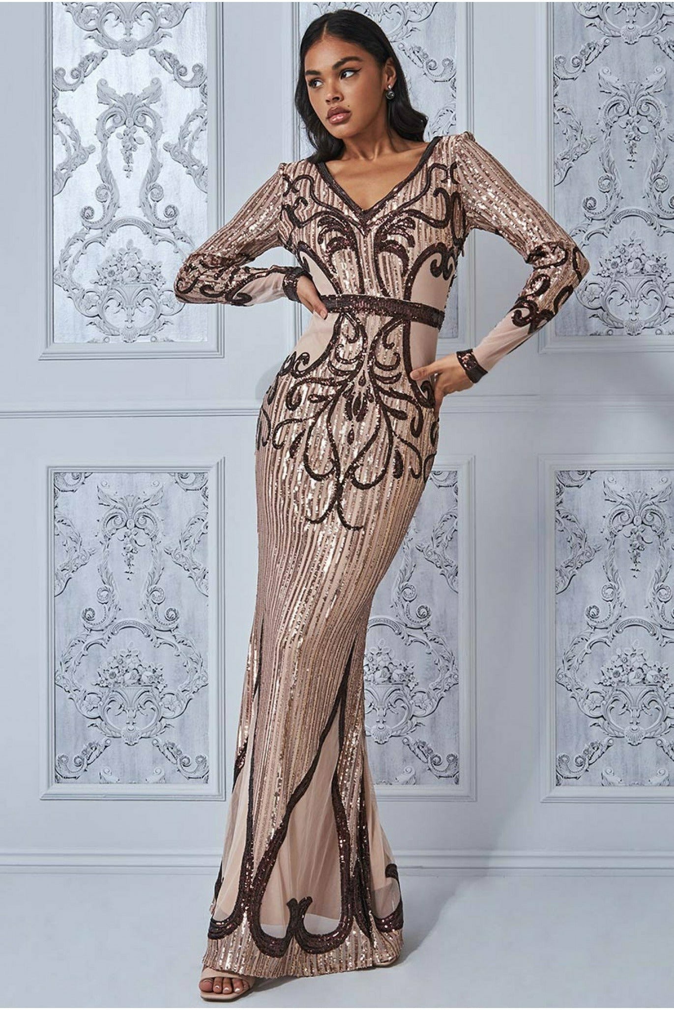 Goddiva Sequin & Mesh Embroidered Maxi - Champagne