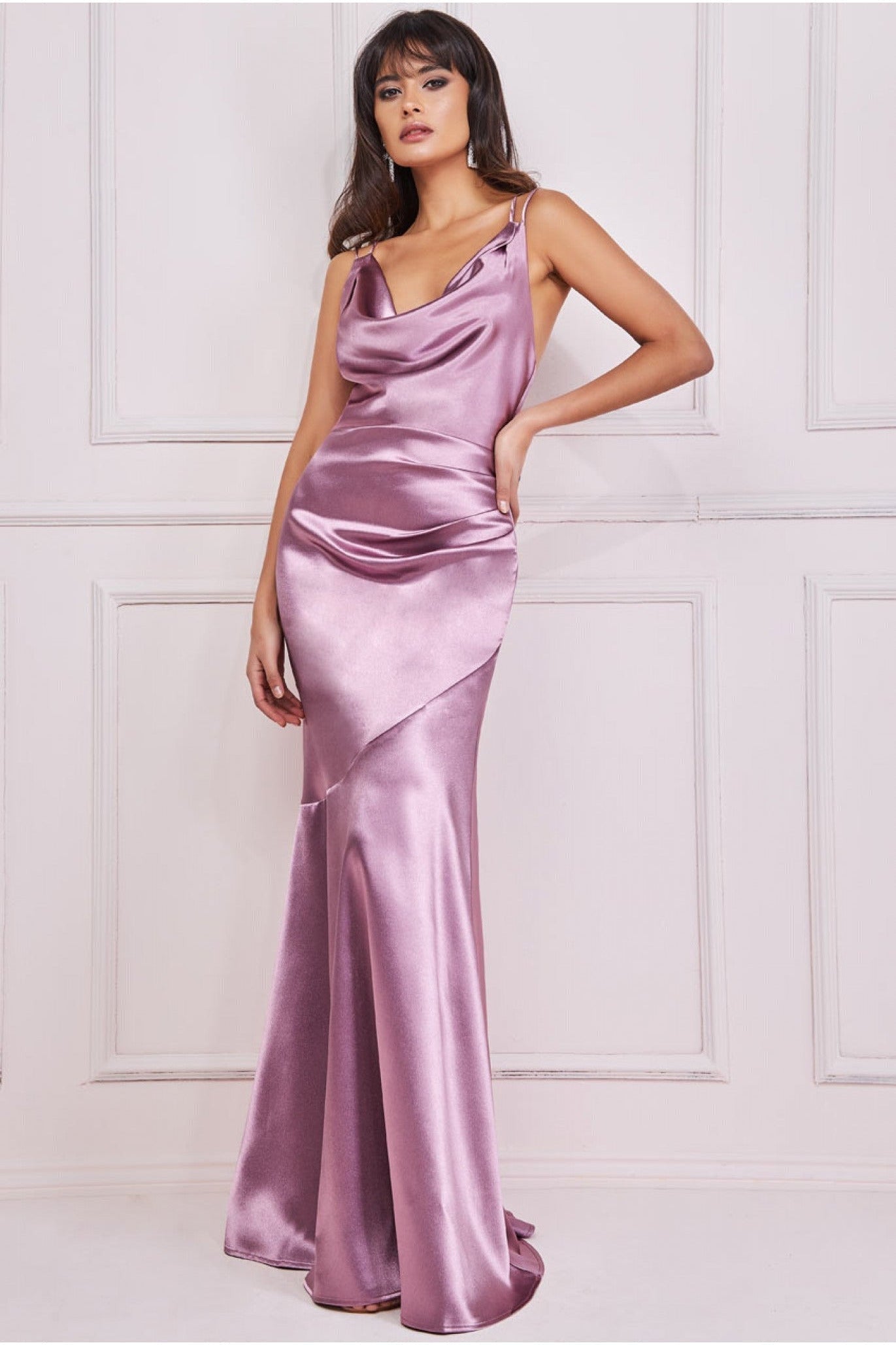 Image of Goddiva Cowl Neck With Strappy Back Satin Maxi - Blush