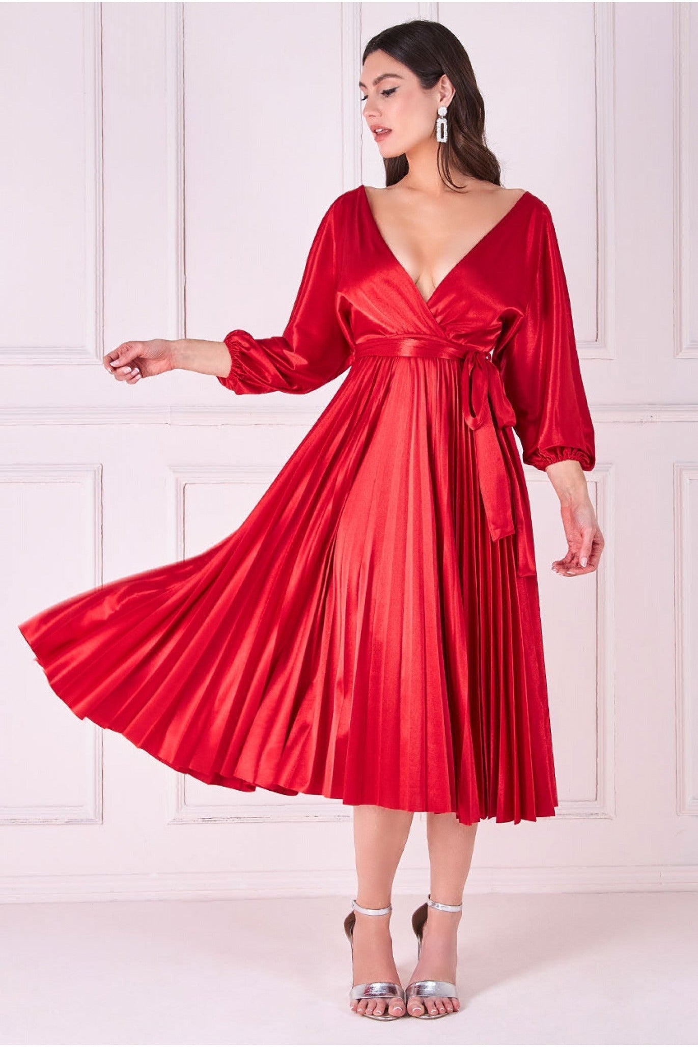 Goddiva Satin Pleated Skirt Wrap Midi Dress - Red
