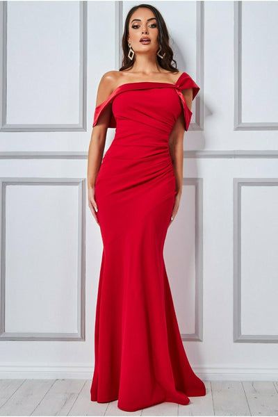 Goddiva Off The Shoulder Satin Band Maxi Dress - Red