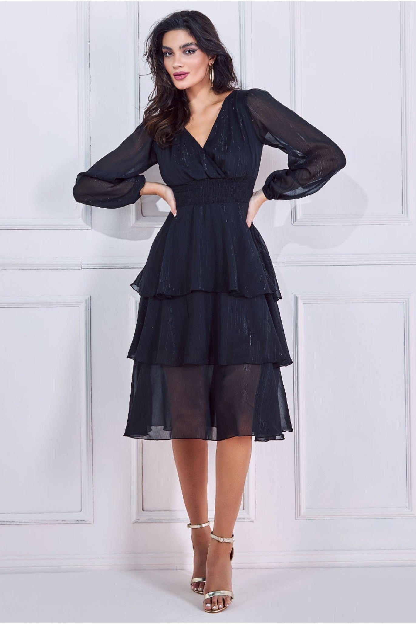 Image of Goddiva Long Sleeve Tiered Midi Dress - Black