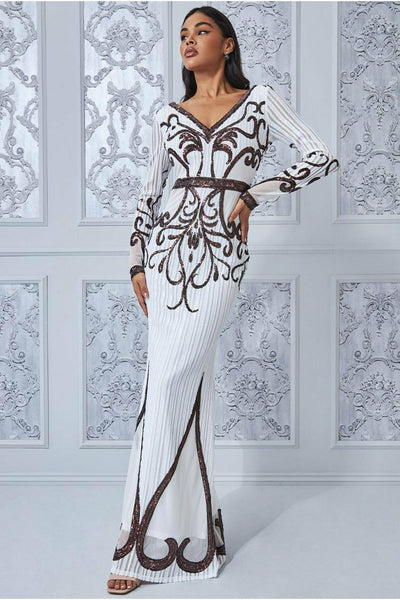 Sequin & Mesh Embroidered Maxi - Cream Goddiva