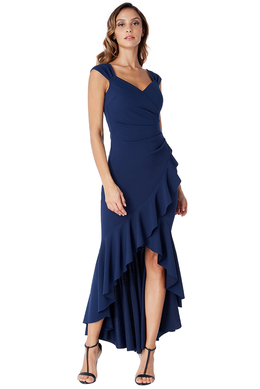 Goddiva High Low Frill Hem Maxi Dress - Navy