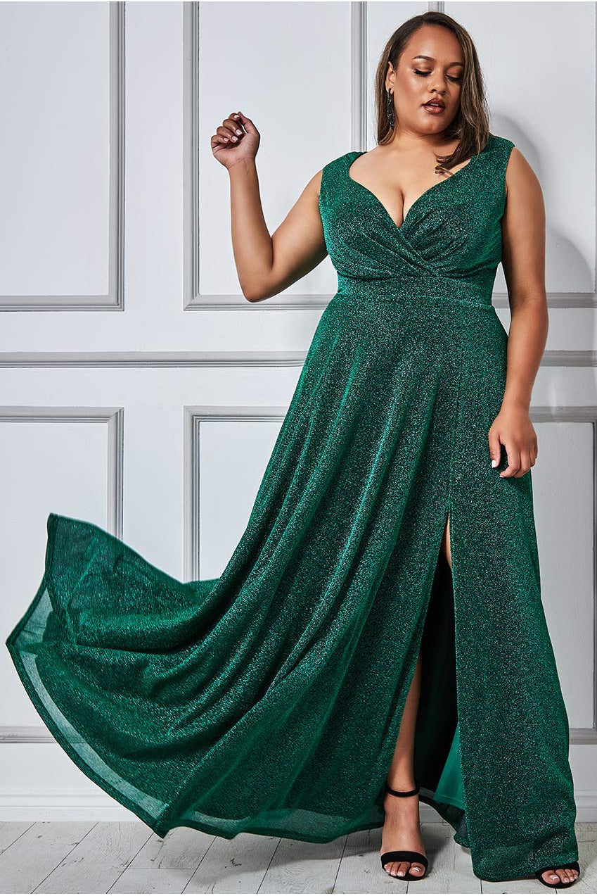 Image of Goddiva Plus Crossover Lurex Glitter Maxi Dress - Emerald